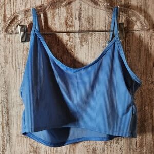 Stylish Blue Ribbed Women's Camisole Swim Top Bulit-in Bra Adjustable Straps
